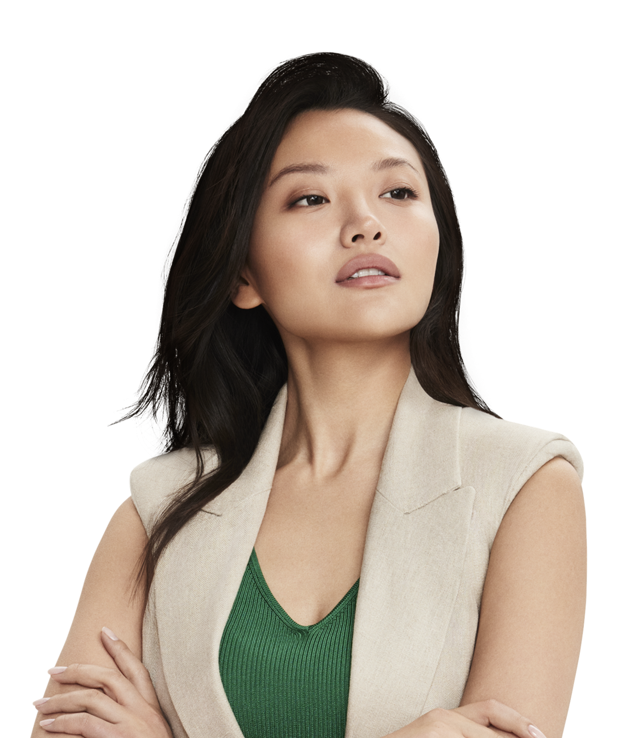 Image of a woman with long dark hair, wearing a sleeveless top, looking confidently to the side.